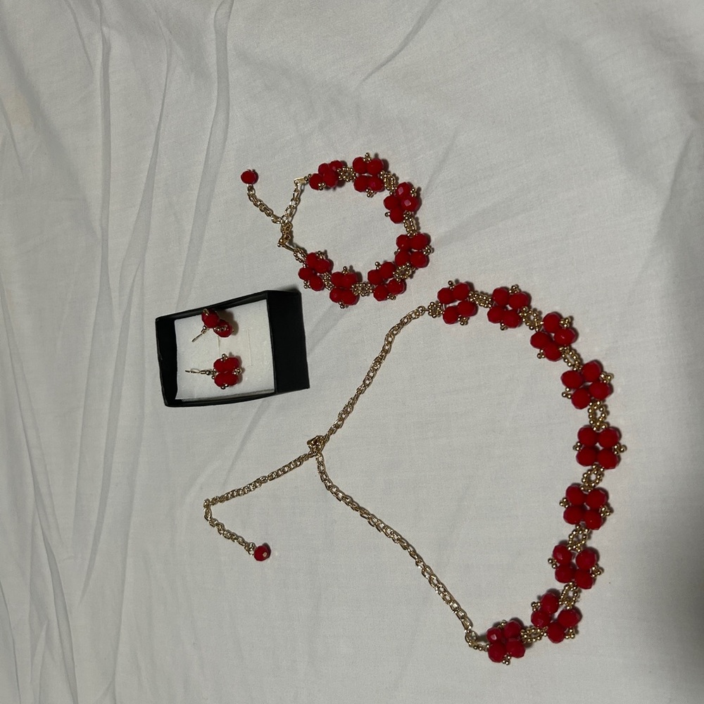 Red Floral Jewelry Set Silver Plated